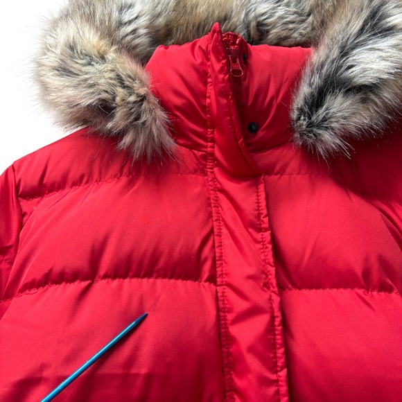 Lands End Womens XL/T 18 Red Puffer Parka Coat Faux Fur Hood Quilted Zip - Picture 3 of 8